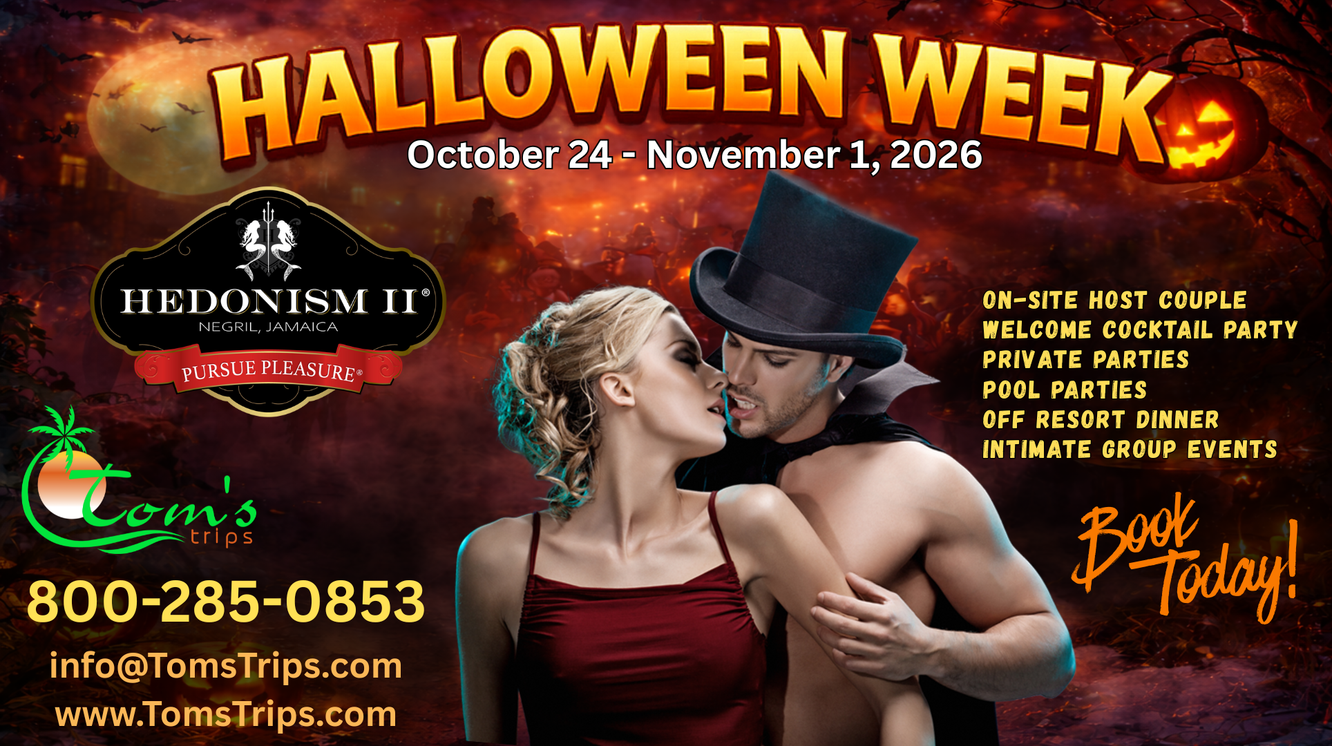 Halloween Week 2026 at Hedonism II Resort in Negril Jamaica with Tom’s Trips booking information