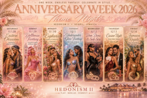 Anniversary Week 2026 theme nights schedule for Hedonism II in Negril, Jamaica, featuring fantasy party themes, tropical resort style, and Tom’s Trips booking information.