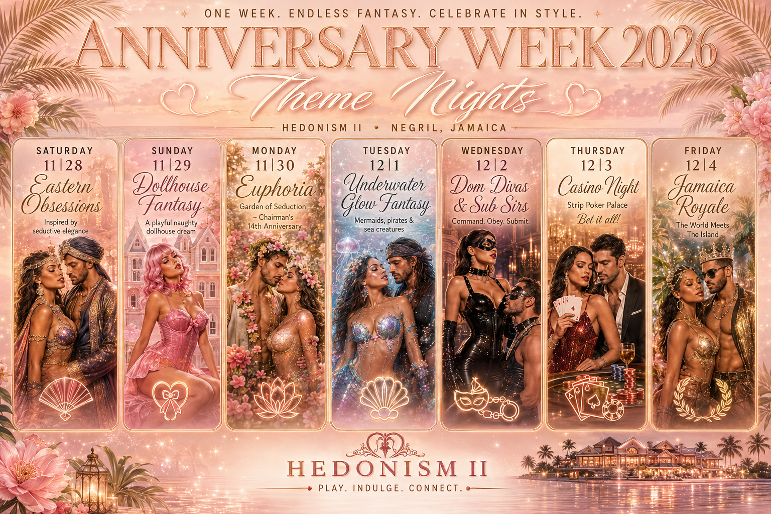 Anniversary Week 2026 theme nights schedule for Hedonism II in Negril, Jamaica, featuring fantasy party themes, tropical resort style, and Tom’s Trips booking information.
