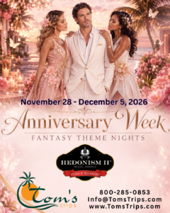 Anniversary Week promotional poster for Hedonism II in Negril, Jamaica, featuring a stylish man in a white suit between two glamorous women in blush and ivory fantasy dresses, surrounded by tropical flowers, candles, butterflies, and a romantic sunset resort backdrop.