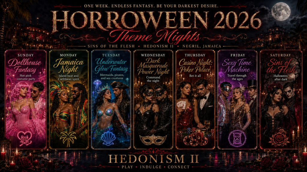 Hedonism II Horroween 2026 theme nights poster featuring Sins of the Flesh Halloween costume party themes in Negril Jamaica.