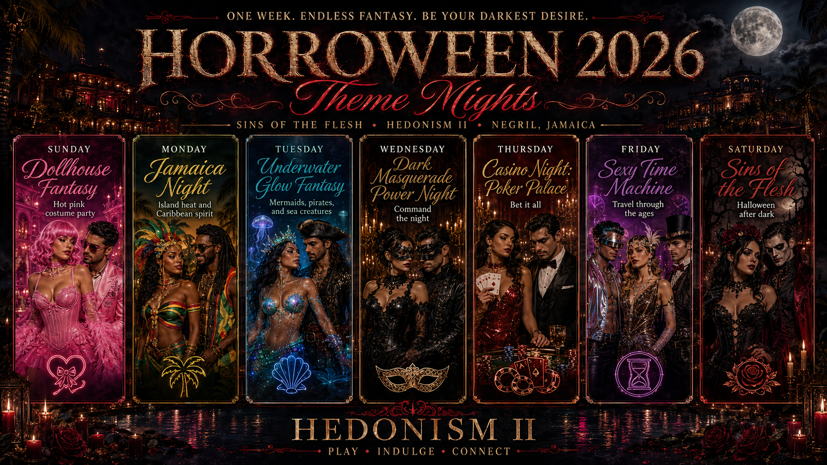Hedonism II Horroween 2026 theme nights poster featuring Sins of the Flesh Halloween costume party themes in Negril Jamaica.