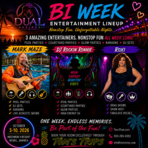 Fall Bi Week 2026 entertainment lineup with Mark Maze, DJ Rockin Ronnie, and Roxi at Hedonism II Resort in Negril, Jamaica.