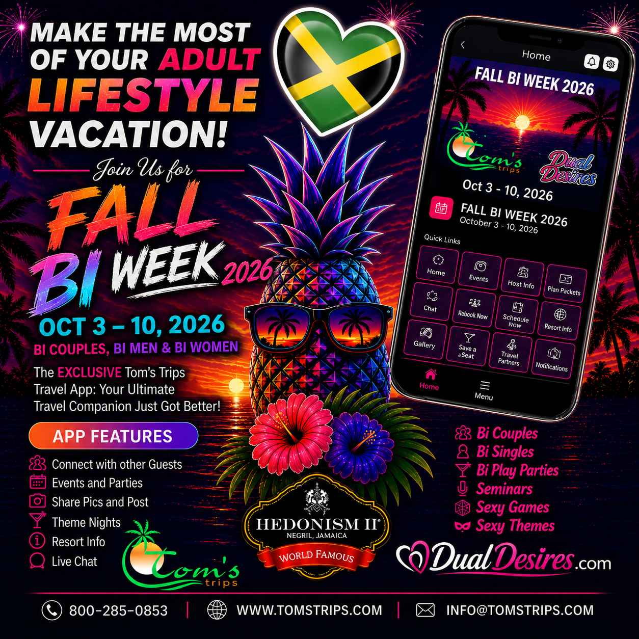 Fall Bi Week 2026 Tom’s Trips travel app promotion for October 3–10, 2026 at Hedonism II Jamaica with Dual Desires.